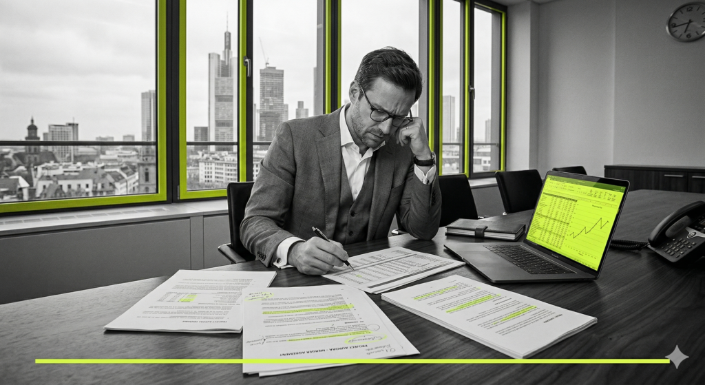 A focused search fund entrepreneur (searcher) in a suit, seated at an office desk, intensely reviewing M&A due diligence documents and a laptop with financial models. Selective lime-yellow color highlights the crucial data.