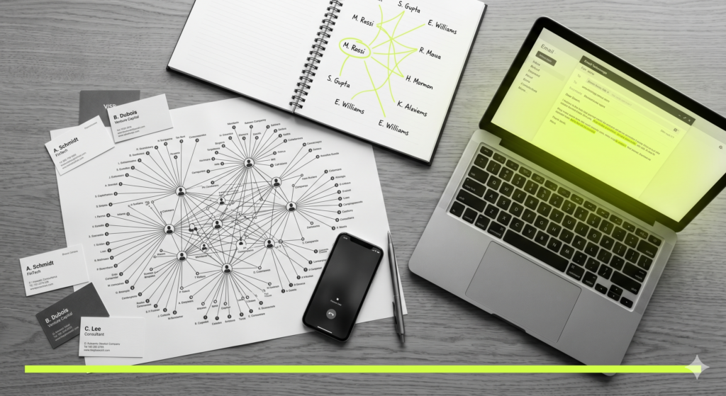 A top-down black-and-white view of a search fund principal's desk, featuring a complex network map of industry contacts and business cards. Neon lime-yellow accents highlight the connecting lines in a notebook, a specific lead on the map, and a laptop screen displaying an outreach email.