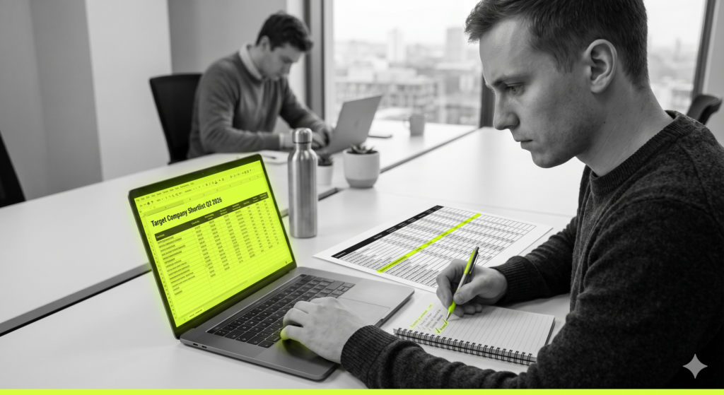A search fund entrepreneur (searcher) and an intern performing systematic deal sourcing in a modern office. The image is black-and-white, with neon lime-yellow accents highlighting a "Target Company Shortlist" on a laptop screen, a high-priority row on a printed spreadsheet,
