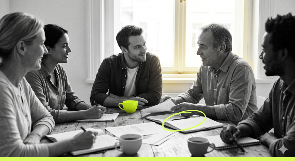 A high-definition, black-and-white documentary-style photo of a young CEO in his 30s leaning in to listen to an older employee in a bright meeting room.