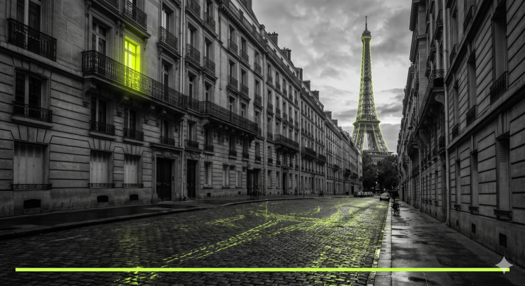Une image composite de Paris avec une ligne graphique verte et jaune soulignant les rues et un bâtiment avec une fenêtre éclairée.